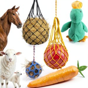 Horse Toys for Horses 5 PCS Set, Goats Enrichment Toys, Including Hay Net, Hay Ball, Toy Ball, Squeaky Duck, Plush Carrot Toy with Hanging Ropes for Goat,Sheep to Play with, Relieve Stress-0