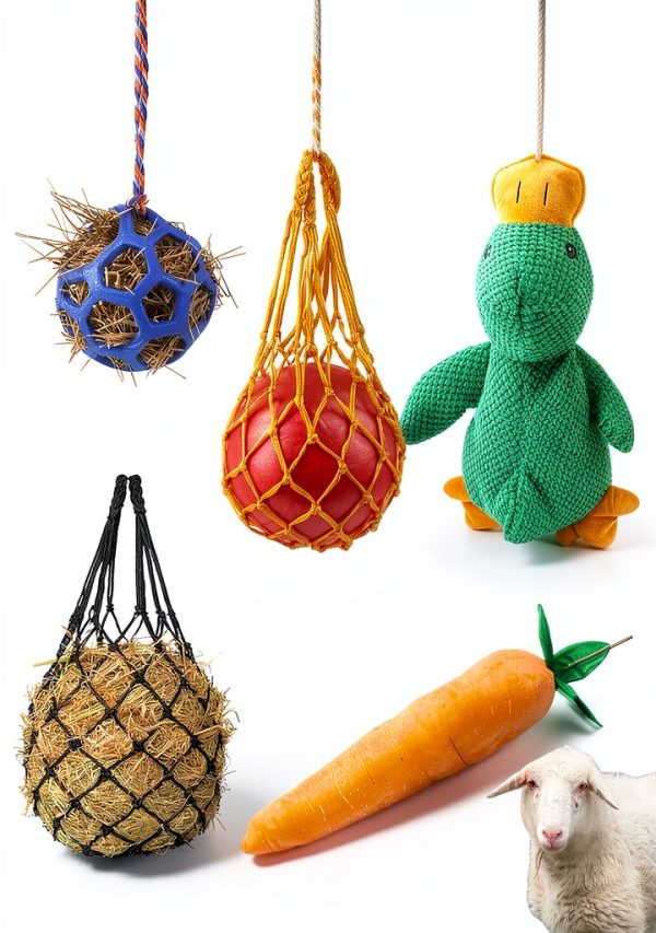 Horse Toys for Horses 5 PCS Set, Goats Enrichment Toys, Including Hay Net, Hay Ball, Toy Ball, Squeaky Duck, Plush Carrot Toy with Hanging Ropes for Goat,Sheep to Play with, Relieve Stress-4