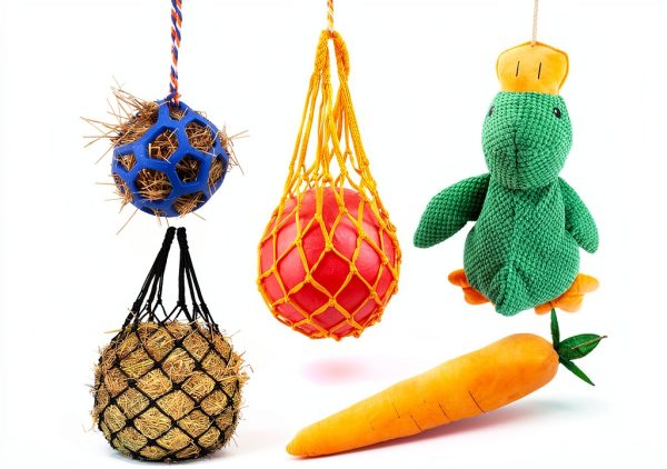 Horse Toys for Horses 5 PCS Set, Goats Enrichment Toys, Including Hay Net, Hay Ball, Toy Ball, Squeaky Duck, Plush Carrot Toy with Hanging Ropes for Goat,Sheep to Play with, Relieve Stress-5