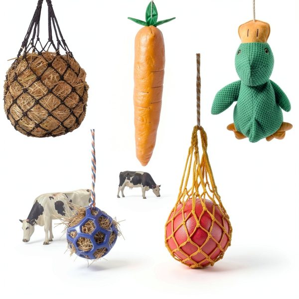 Horse Toys for Horses 5 PCS Set, Goats Enrichment Toys, Including Hay Net, Hay Ball, Toy Ball, Squeaky Duck, Plush Carrot Toy with Hanging Ropes for Goat,Sheep to Play with, Relieve Stress-1